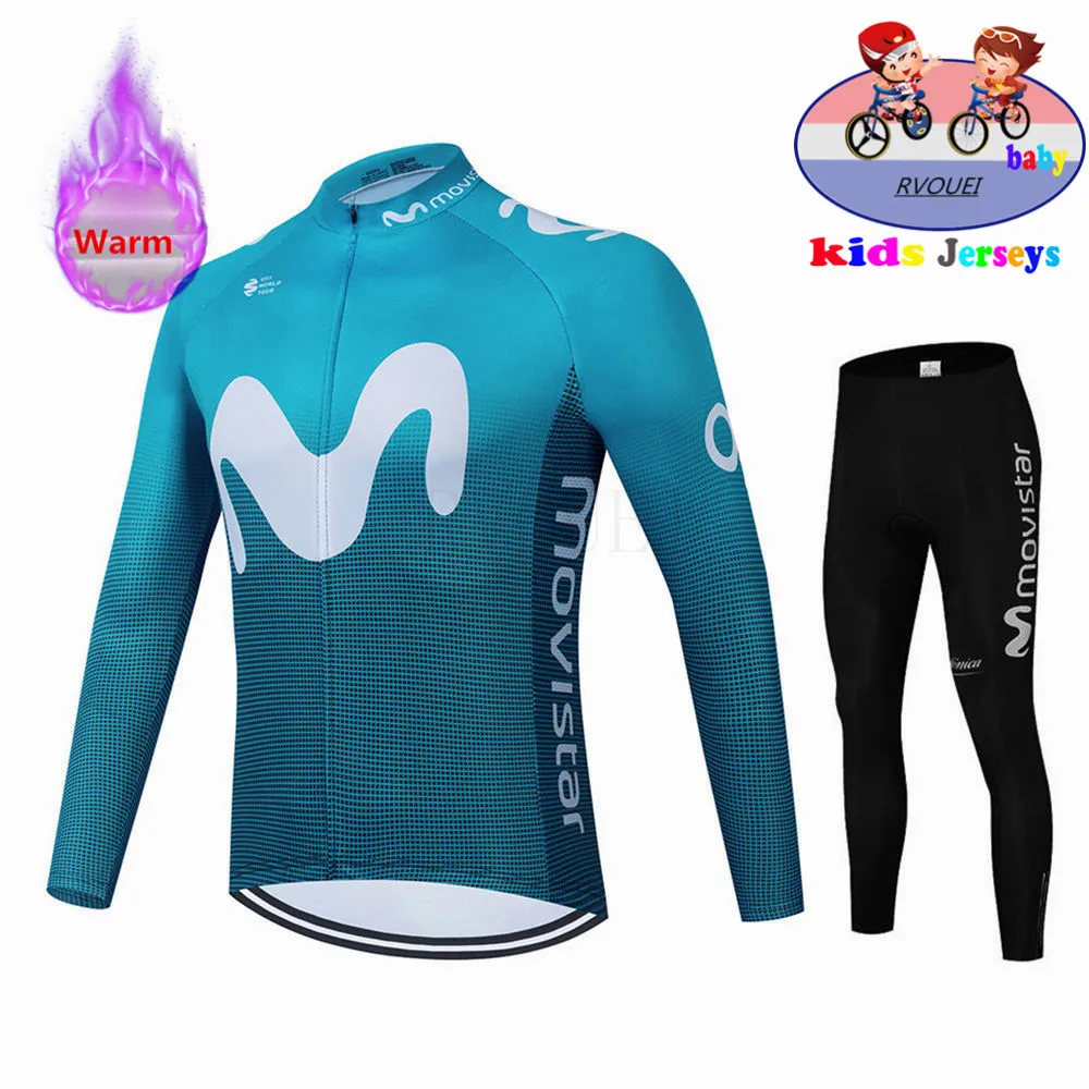 Kids Winter Cycling Clothing Boy Thermal Fleece Cycling Bike Jersey Long Sleeves Sets Children Cycling Clothing Suit Movistar