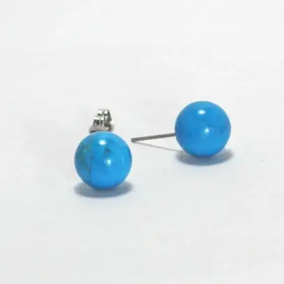 New Classic Favorite Pearl Store Stunning 12mm Round Blue Natural Turquoise Beads Gold Color Silver Stud Earring Lady Gift