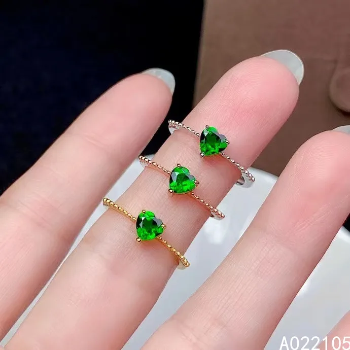 

KJJEAXCMY fine jewelry 925 sterling silver inlaid Natural Diopside women simple exquisite heart adjustable gem ring support dete