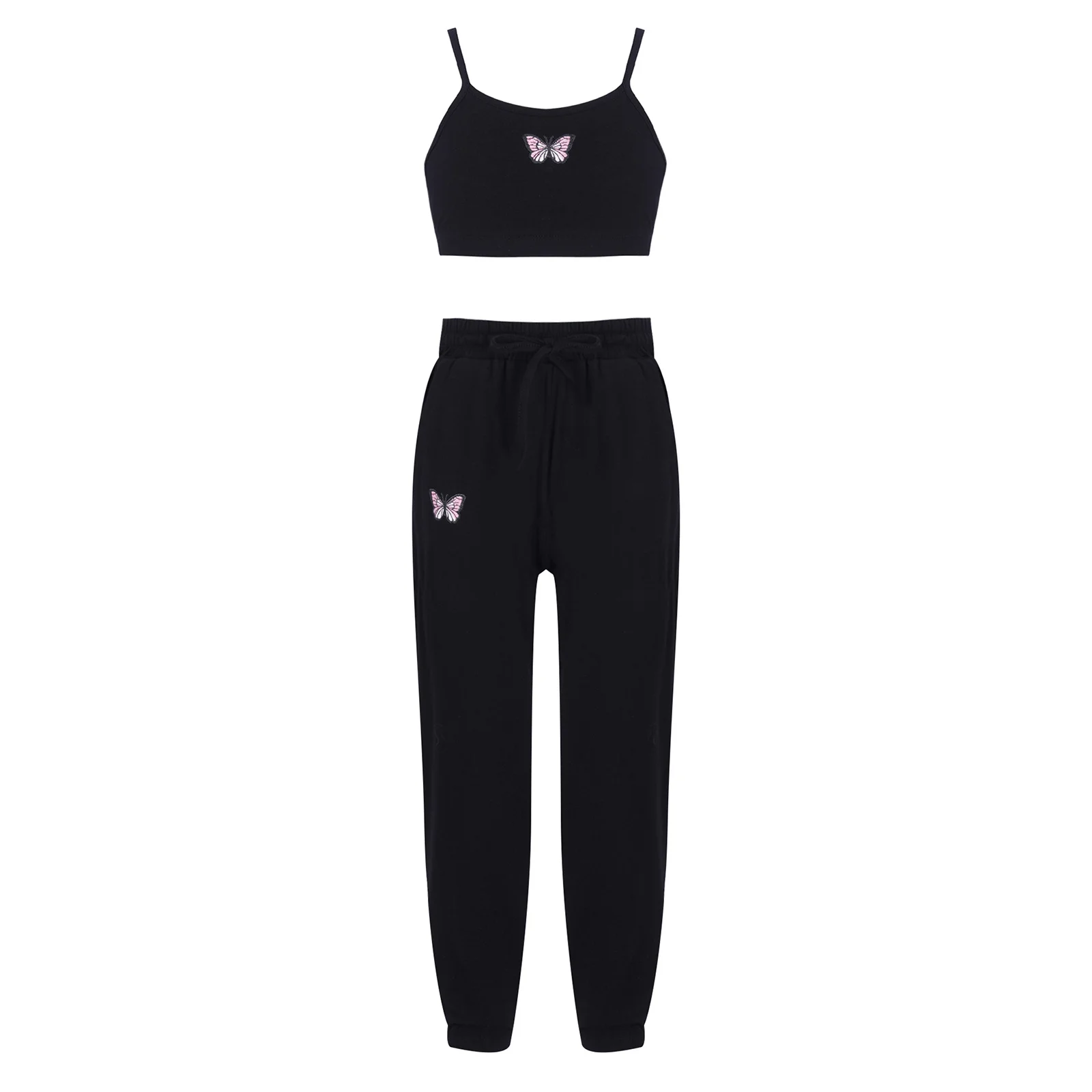 

Summer Teen Girls Clothing 2Pcs Kids Sport Suit Butterfly Print Crop Vest and Pants Set Tracksuit for Gym Running Training Dance