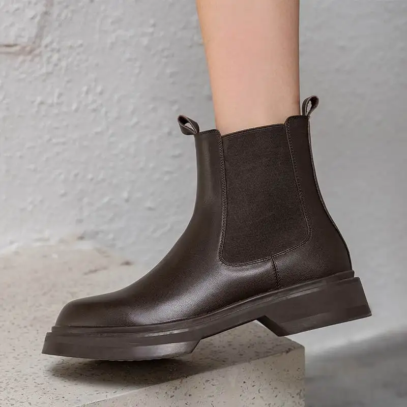 Krazing Pot Comfortable Cow Leather Round Toe Chelsea Boots Med Heels Platform Winter Shoes Runway Dress Leisure Ankle Boots