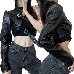 hirigin Fashion Women Punk Style Crop Tops Cool Single Long Sleeve Neck Hanger Leather Belt Connected Tops Women Clothing