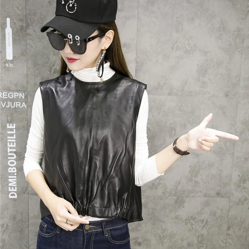 Women Fashion Real Leather Sleeveless Vest Tops Buttons Loose Fit O Neck Casual Natural Sheepskin Waistcoat Pullover Vests Coat