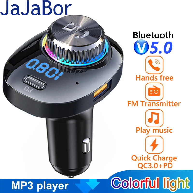 

JaJaBor FM Transmitter Colorful Light QC3.0 PD20W Fast Charging Dual USB Car Charger Handsfree Bluetooth-compatible 5.0 Car Kit