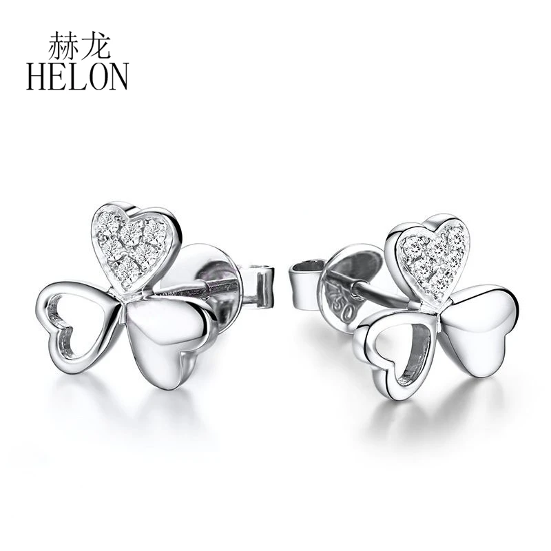 HELON 18K White Gold Pave Delacate Clover Jewelry Eternity Natural Diamond Earrings Engagement Wedding Women Fine Jewelry Gift