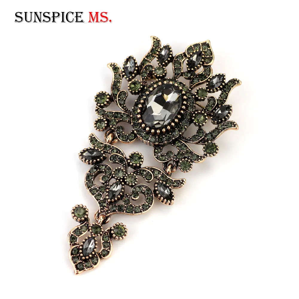 Gray Crystal Women Brooch Pins Vintage Turkish Wedding Jewelry Antique Gold Color Alloy Family Banquet Gift