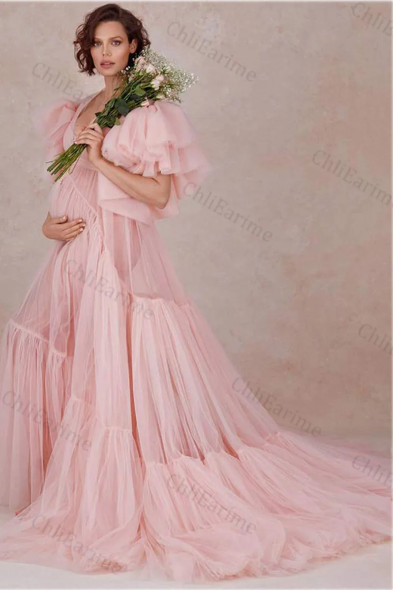 Ladies V-neck sexy elegant tulle maternity photography robe dress