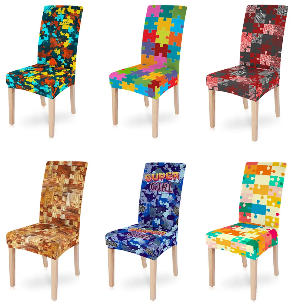 Colorful Puzzle Elastic Chair Cover Spandex Desk Seat 1PC Slipcovers Protector For Dining Room Kitchen Wedding Banquet