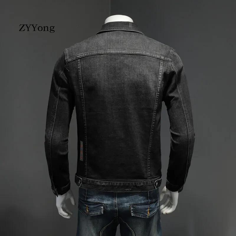 New Spring Embroidery Elasticity Bomber Pilot Black Denim Jacket Men Jeans Coat Motorcycle Casual Outwear Clothing Overcoat