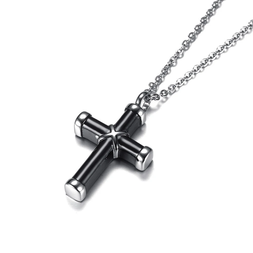 Stainless Steel Cremation Urn Ash Black Tone Cross Pendant Necklace Fashion Jewelry Gift For Him