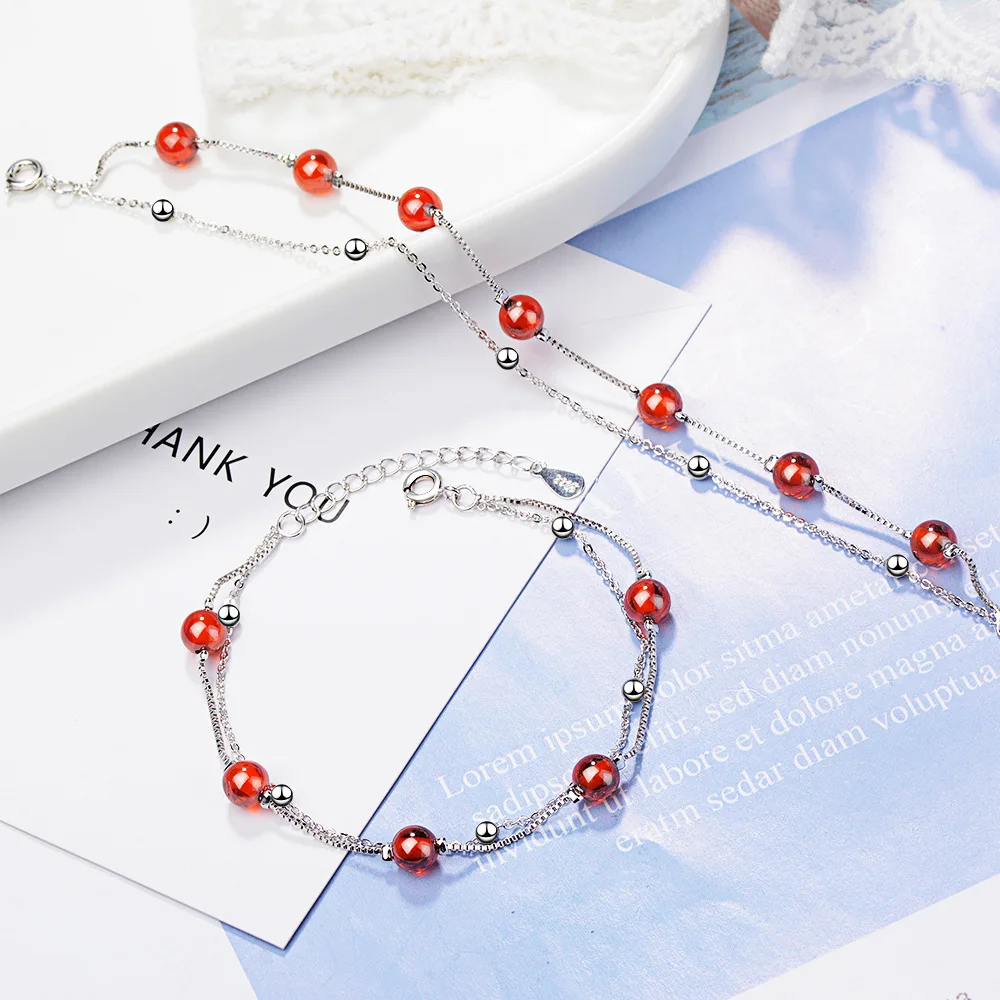 925 Sterling Silver Fashion Women\'s Jewelry Red Garnet Stone Double Layer Beads Bracelet 16cm For Gift Girls Lady Drop Shipping