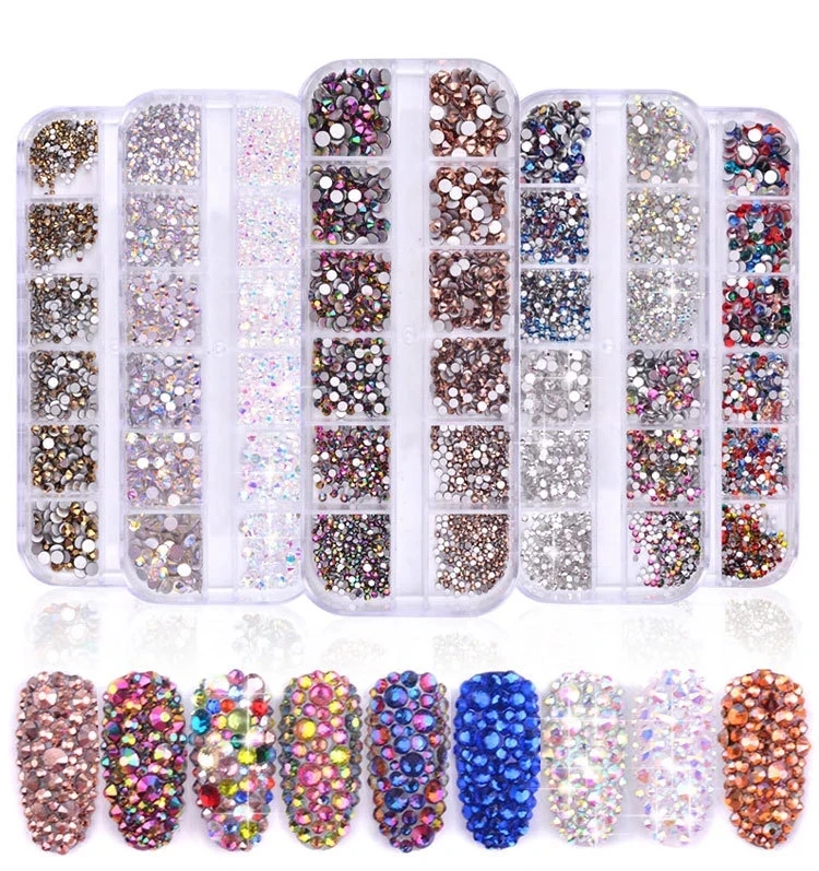 12 Grid 1440pcs Mix Sizes Glass Crystal Non Hot Fix Rhinestone Flatback Crystal 3D glitter Nail Art Rhinestones Decorations