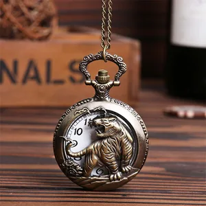 Часы с изображением тигров из горы, большие карманные часы с резьбой из бронзы и изображением китайского зодиака