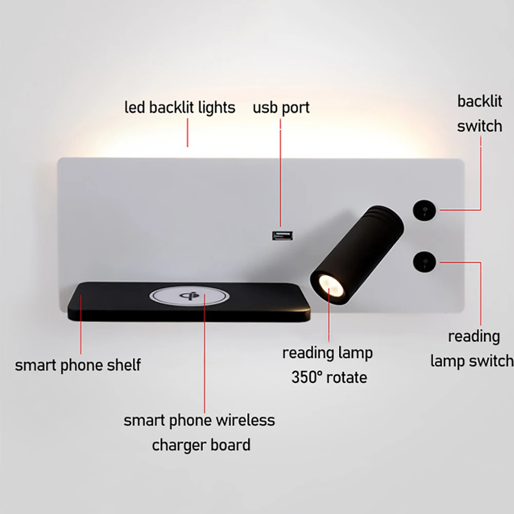 bedroom led wall lamps smart wirelss charging shelf and rotating reading lamp for bedroom night reading book lamp wakeup lampada