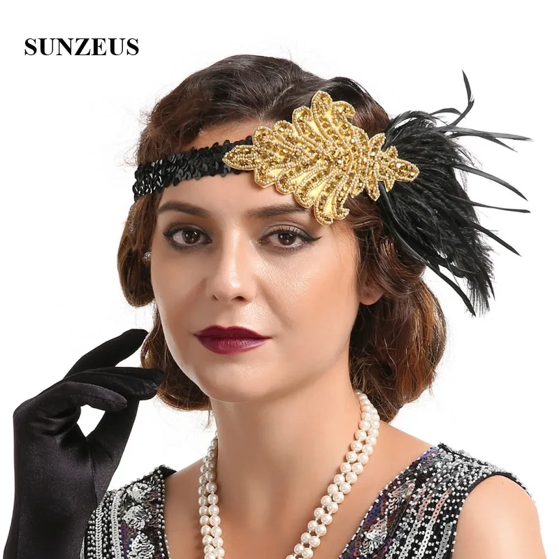 Schwarz Federn Gold Perlen Stirnband Frauen Dinner-Party Formale Headwear Braut Haar Zubehör accesorios novia BQ019