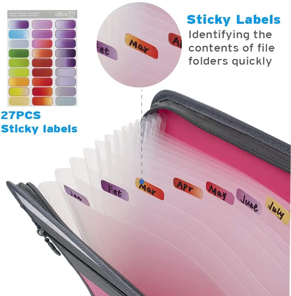 A4 Expanding File Folder with Sticky Labels,13 Pockets Accordion Document Organizer Expanding File Folder with Zipper Closure