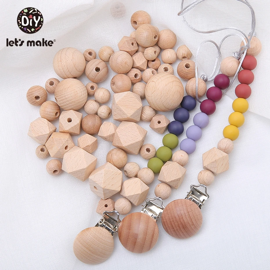 Let\'s Make 100pc Beech Hexagon Wooden Teether Beads Round 12-30mm Baby Rattle Beaded Wood Baby Teether Wooden Toys