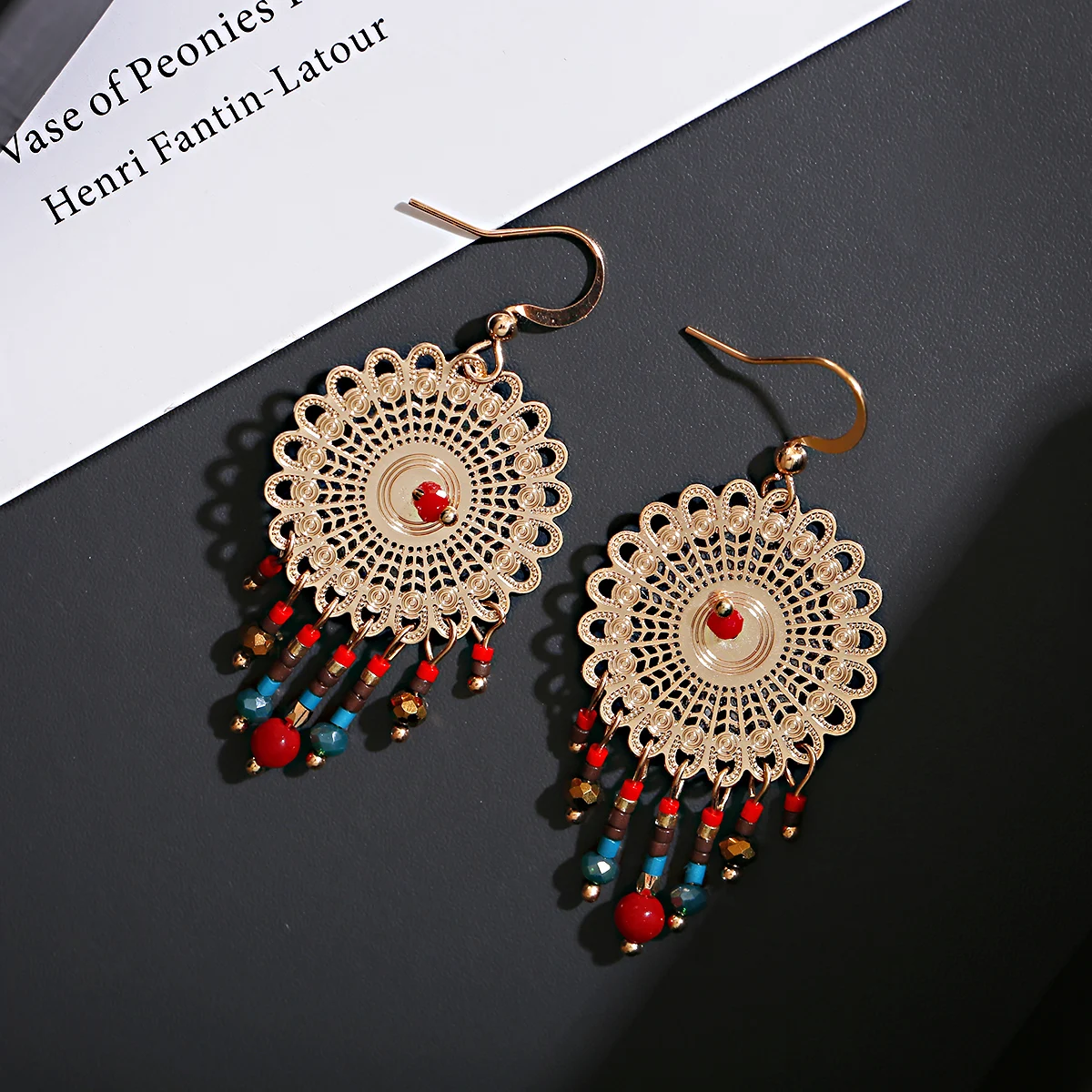 Ethnic Geometric Golden Color Indian Earrings Jewelry Vintage Red Stone Beads Statement Earrings For Women Bohemian Earings