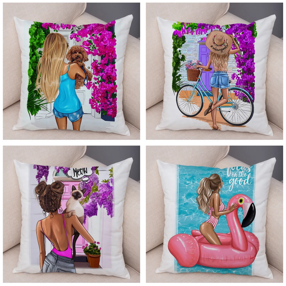 Super Mom Pillow Case Decor Fashion Lady Cartoon Family Series Cushion Cover for Sofa Home Car Soft Plush Pillowcase 45*45cm