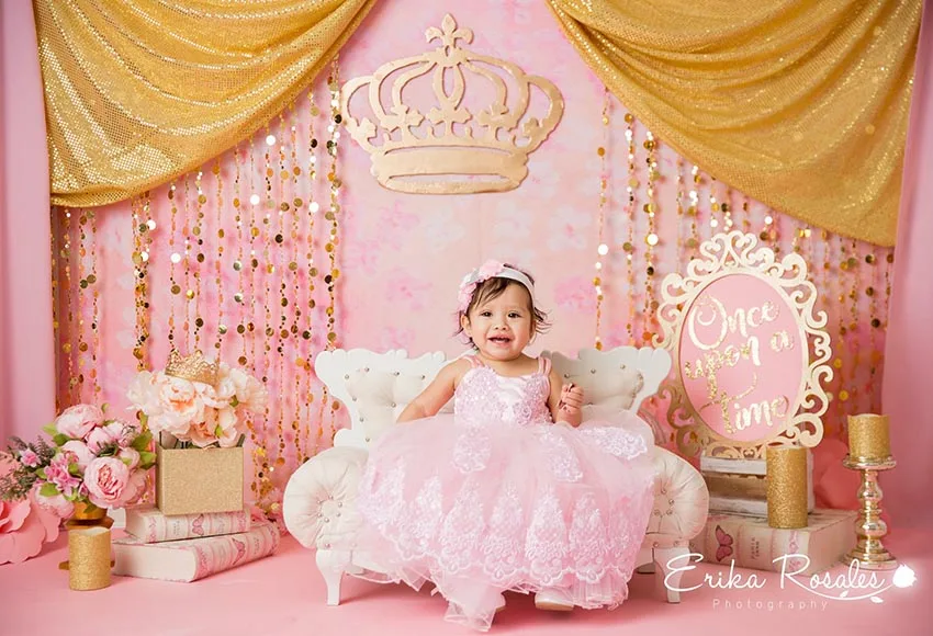 Avezano หญิง1st วันเกิดการถ่ายภาพพื้นหลังสีชมพูดอกไม้ Dots บอลลูนมงกุฎภาพฉากหลังรูปภาพ Photo Studio Photophone