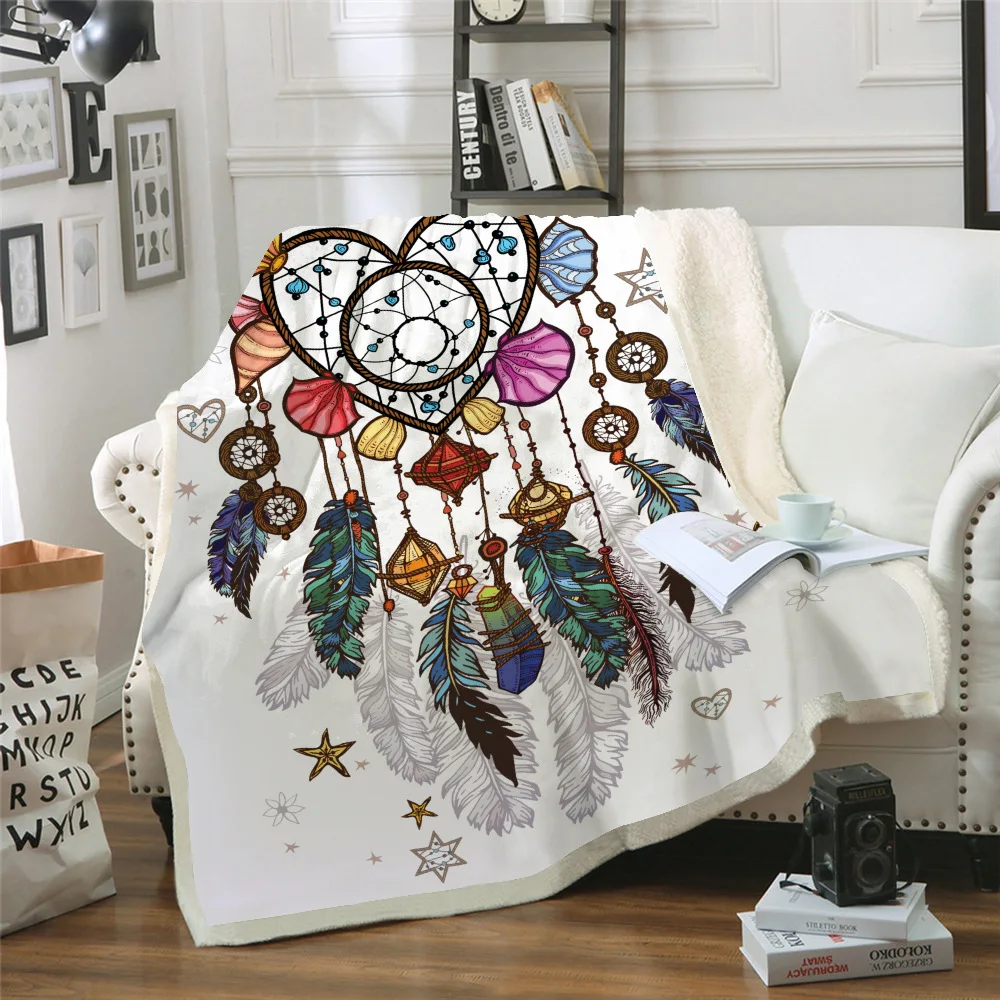 

Romantic Mandala Boho Soft Throw Blanket 3D Printed Feather Dreamcatcher Bohemian Sherpa Fleece Blanket Plush Bedding Blanket