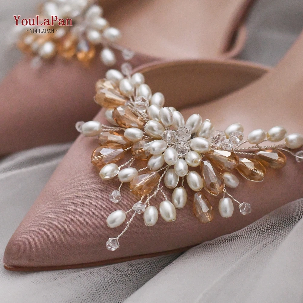 YouLaPan 2pcs/Lot Wedding Shoes Buckle Pearl Bride High Heels Clips Champagne Women Accessories  Handmade WomenX20