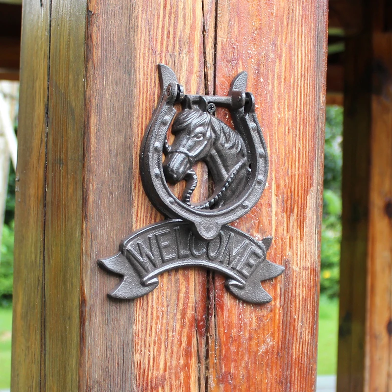 Black Horse Head Cast Iron Door Knocking With Welcome Signs Decor Plaques Farm House Accents Handmade Home Garden Metal Handle