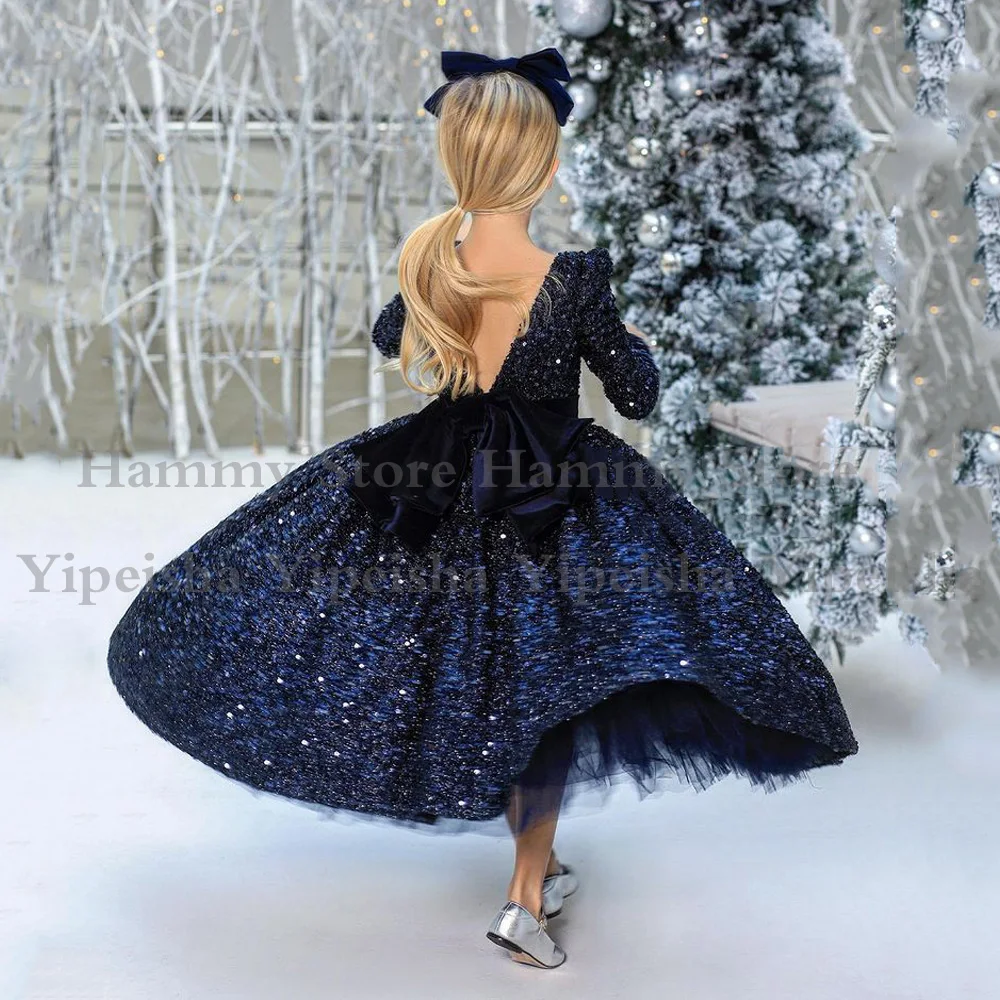 Navy Blue Flower Girl Dress Customized Glitter Sequin Pageant Party Gown Litter Girls Long Sleeves Backless Christmas Dresses