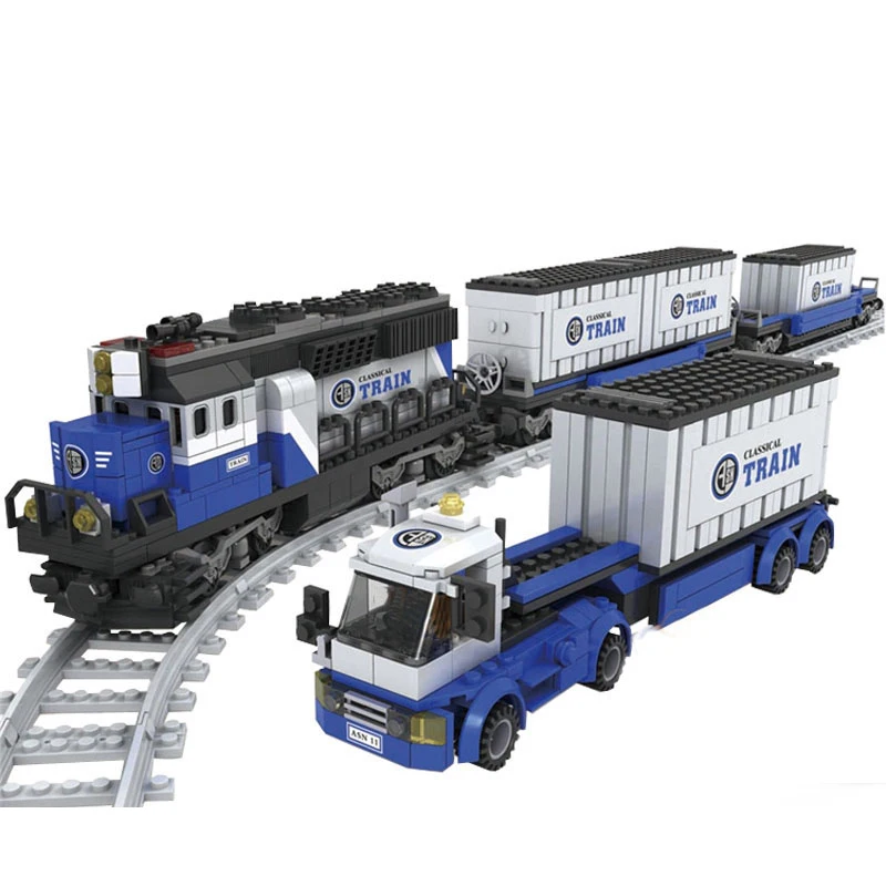 เมืองรถไฟรถชุดบล็อกอาคารสถานีแทร็กรถไฟ Cargo passenger รางอิฐชุดของเล่นก่อสร้าง
