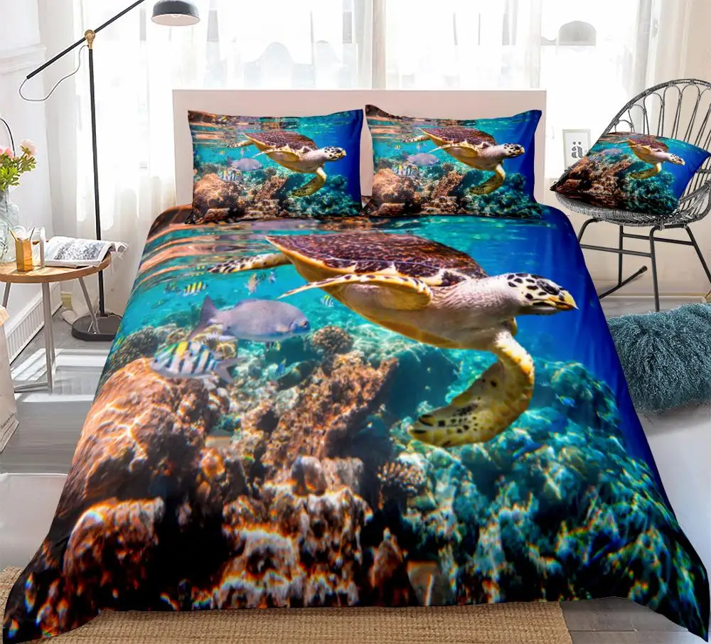 Turtle Bedding Set Ocean Duvet Cover Set Sea Animal Bed Linen Kids Teens Home Textile Marine Life Bedclothes Blue Whale Beds Set