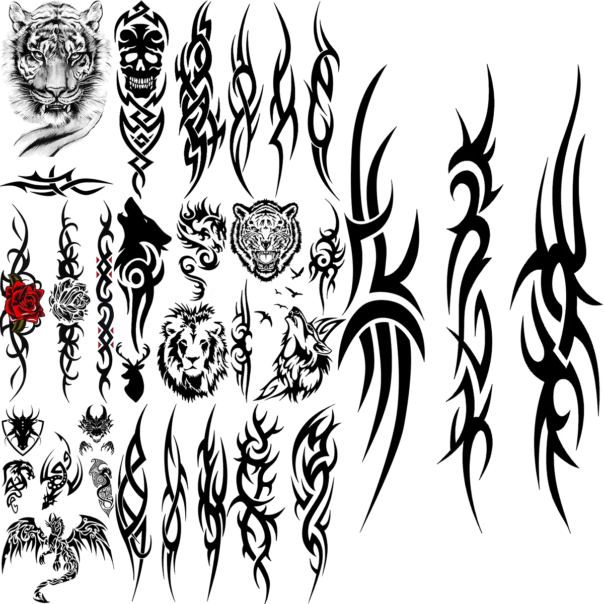 Black Thorn Temporary Tattoos For Adults Men Realistic Tiger Dragon Skull Tiger Fake Tattoo Sticker Body Arm Waterproof Tatoos