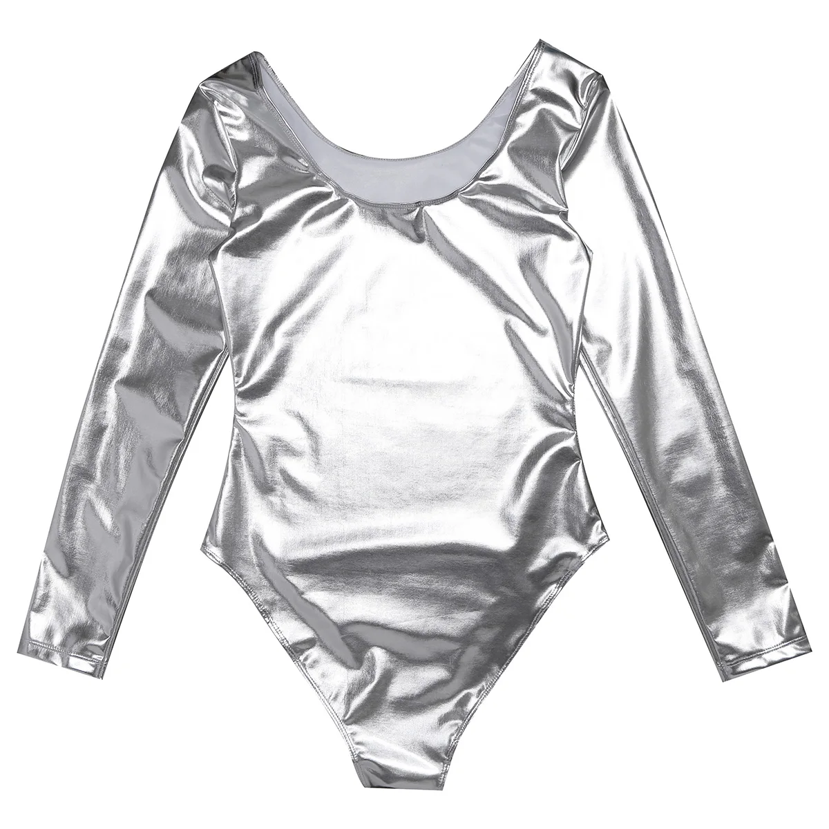 Vrouwen Gymnastiek Ballet Dans Turnpakje Schaatsen Acrobatiek Bodysuit Lange Mouw Metallic Glanzend Lakleer Jumpsuit Clubwear