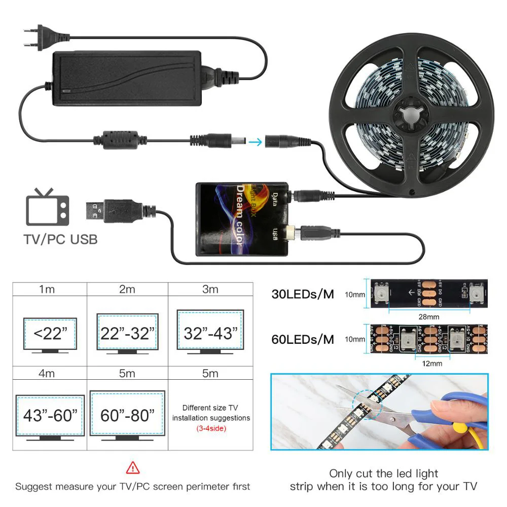 TV LED Light Strip USB RGB 5V WS2812B Ambient Light Kit for Sync Screen Colors HDTV Desktop PC Screen Background lighting