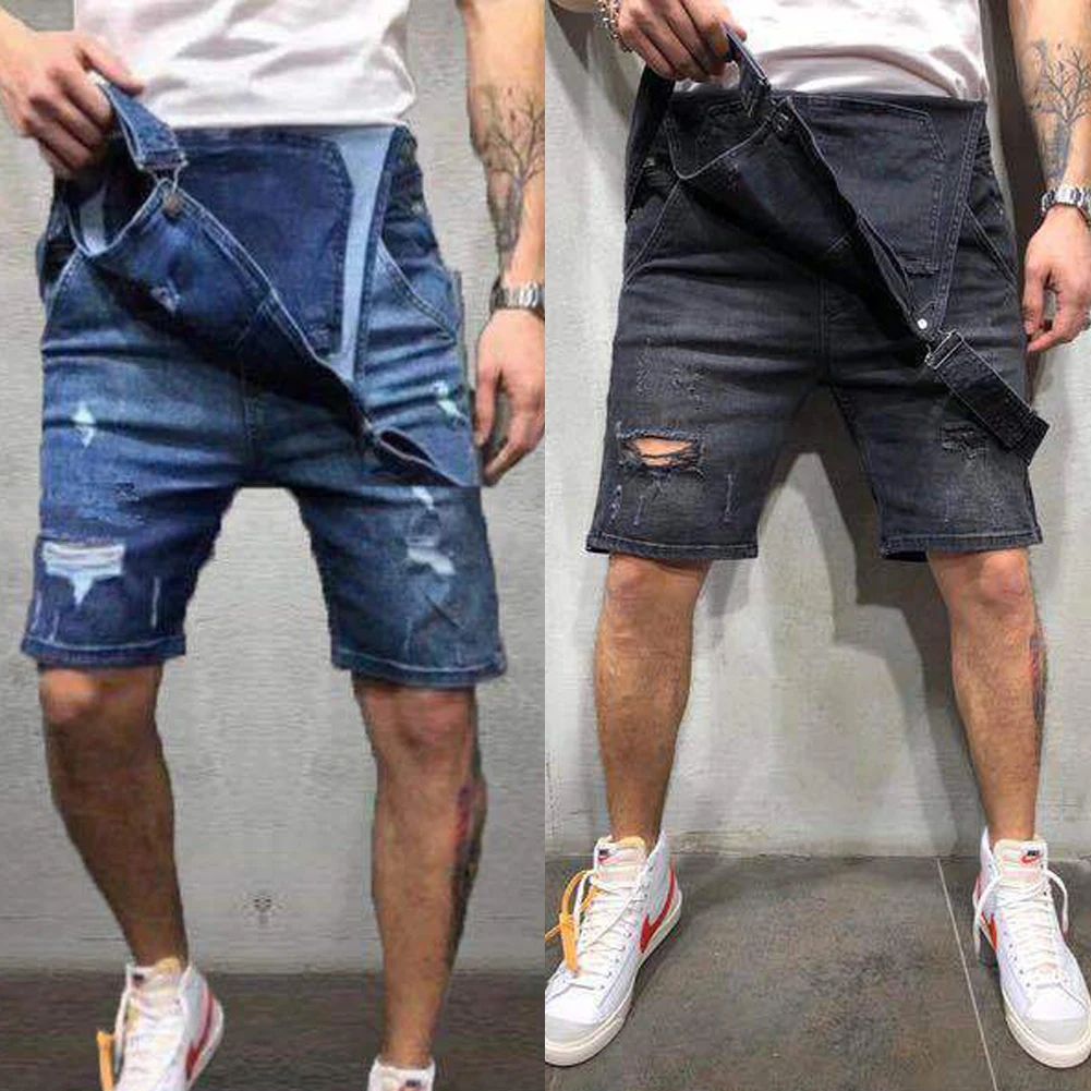 Monos vaqueros holgados para hombre, pantalones cortos, ropa de verano, pantalones vaqueros desgastados de calle