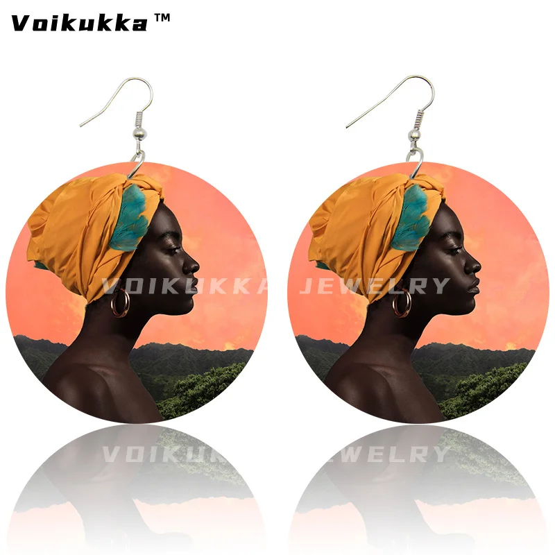 Voikukka Jewelry 6 CM Circle African Women With Blue Hair Art Afro Girl Painting Wood Both Sides Printing Dangle Earrings