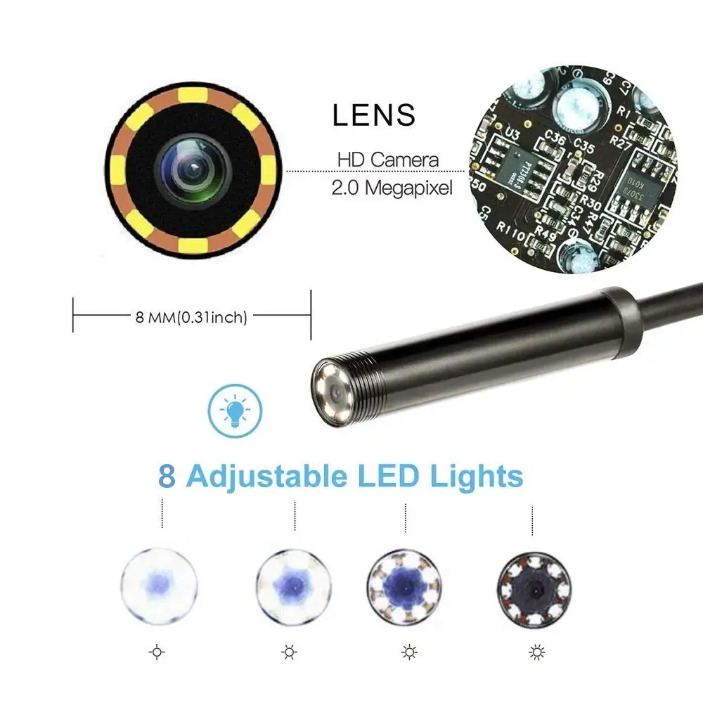 2.0 MP HD Camera 1200P 8mm 1M 2M 5M Semi-Rigid USB Endoscope Type C Borescope Inspection Camera for Android Smartphone Windows