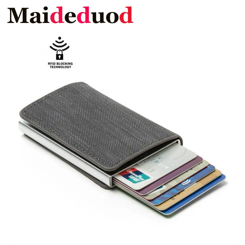 

Maideduod New RFID Blocking Card Holder Anti-theft Clutch Single Box Men Women Wallet 2020 Denim Business Pop-up Metal ID Case