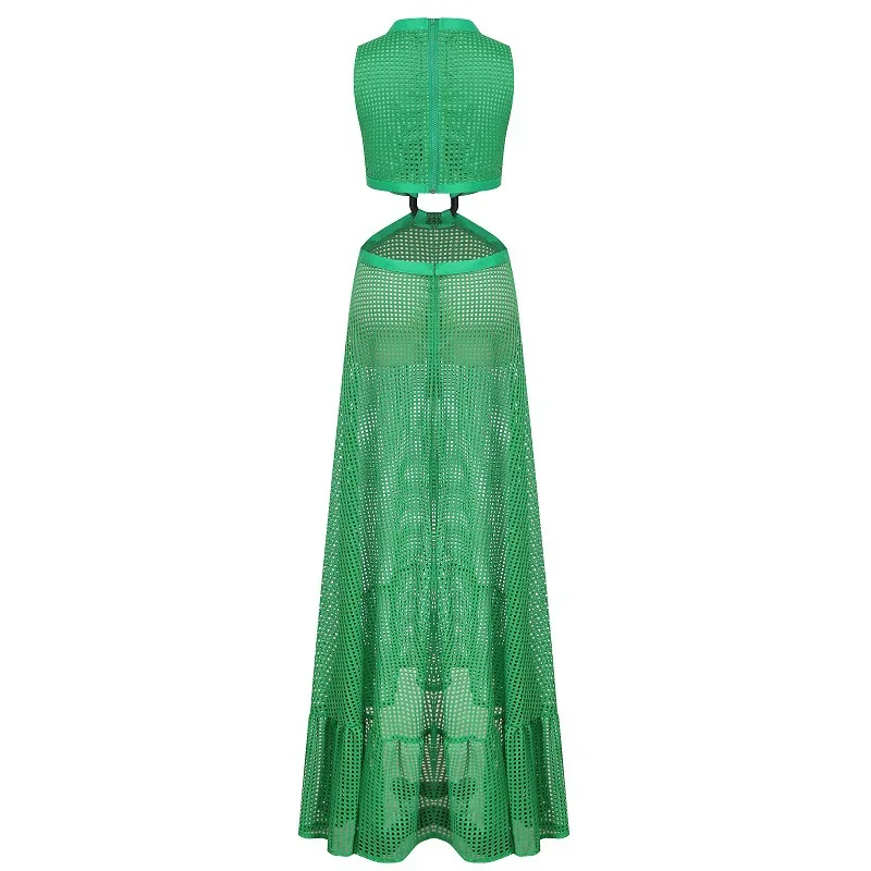 Fashion Women\'s Dresses Bohemian Women Grid Big Swing Sexy V Neck Sleeveless Dress Long Skirt Floor Length Two-piece Suit