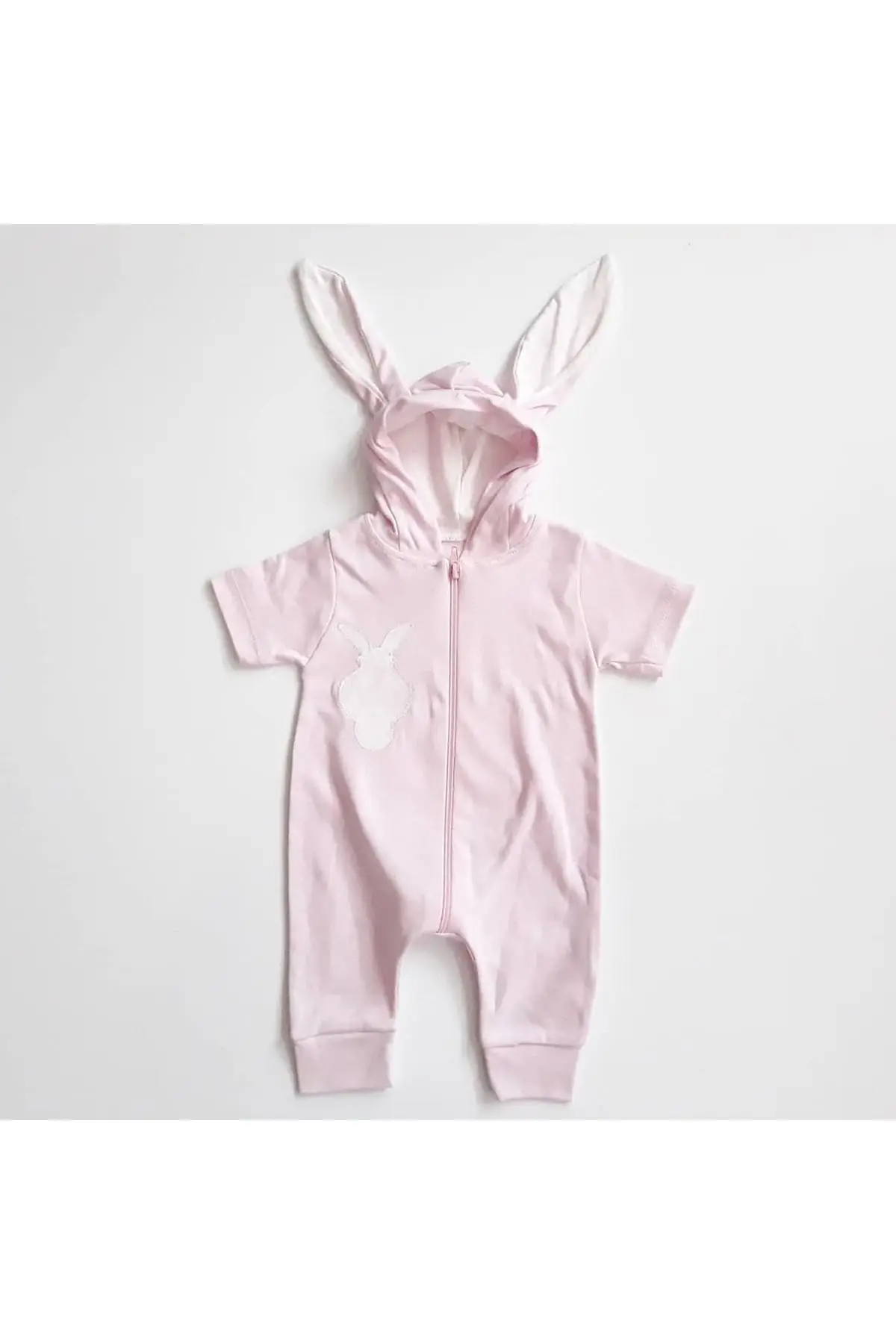 Eared rabbit Pompon Short-Sleeve Baby Jumpsuit-Pink