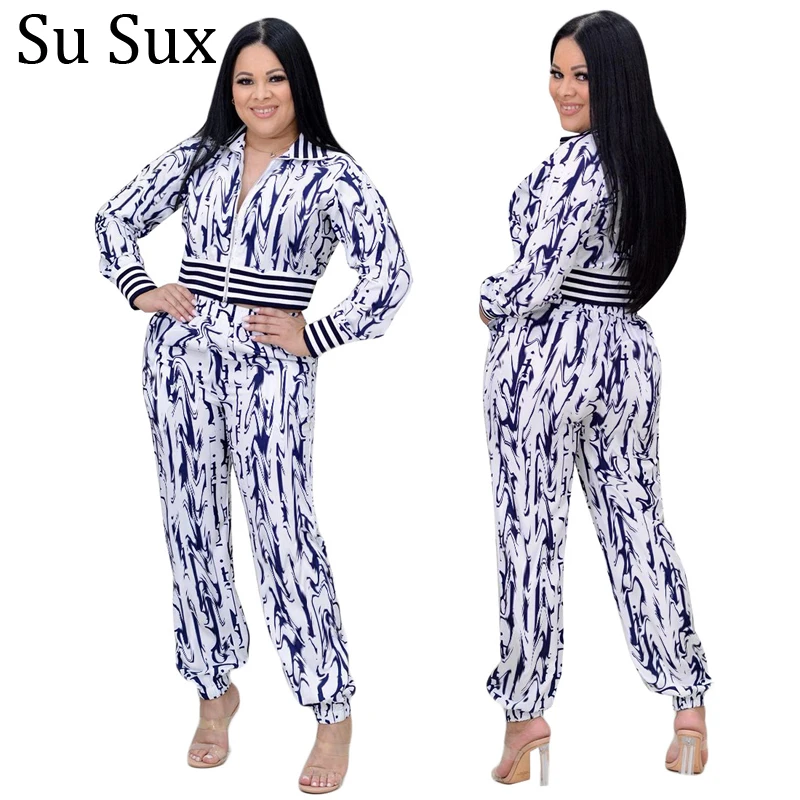 Casual Short Jacket Pant Sets Tracksuit Women Sportwear Print Stand Collar Long Sleeve Top 2 Piece Set Vestidos Playsuits 2021