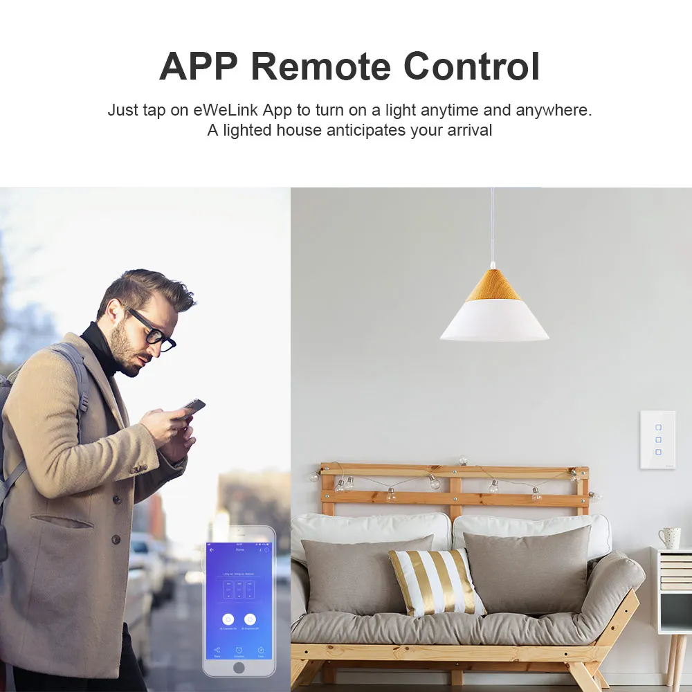 Sonoff T2 Funziona con Google Home Alexa US Smart WiFi RF Telecomando Interruttore della luce da parete Pannello Interruttore della luce tattile da parete 1/2/3Gang