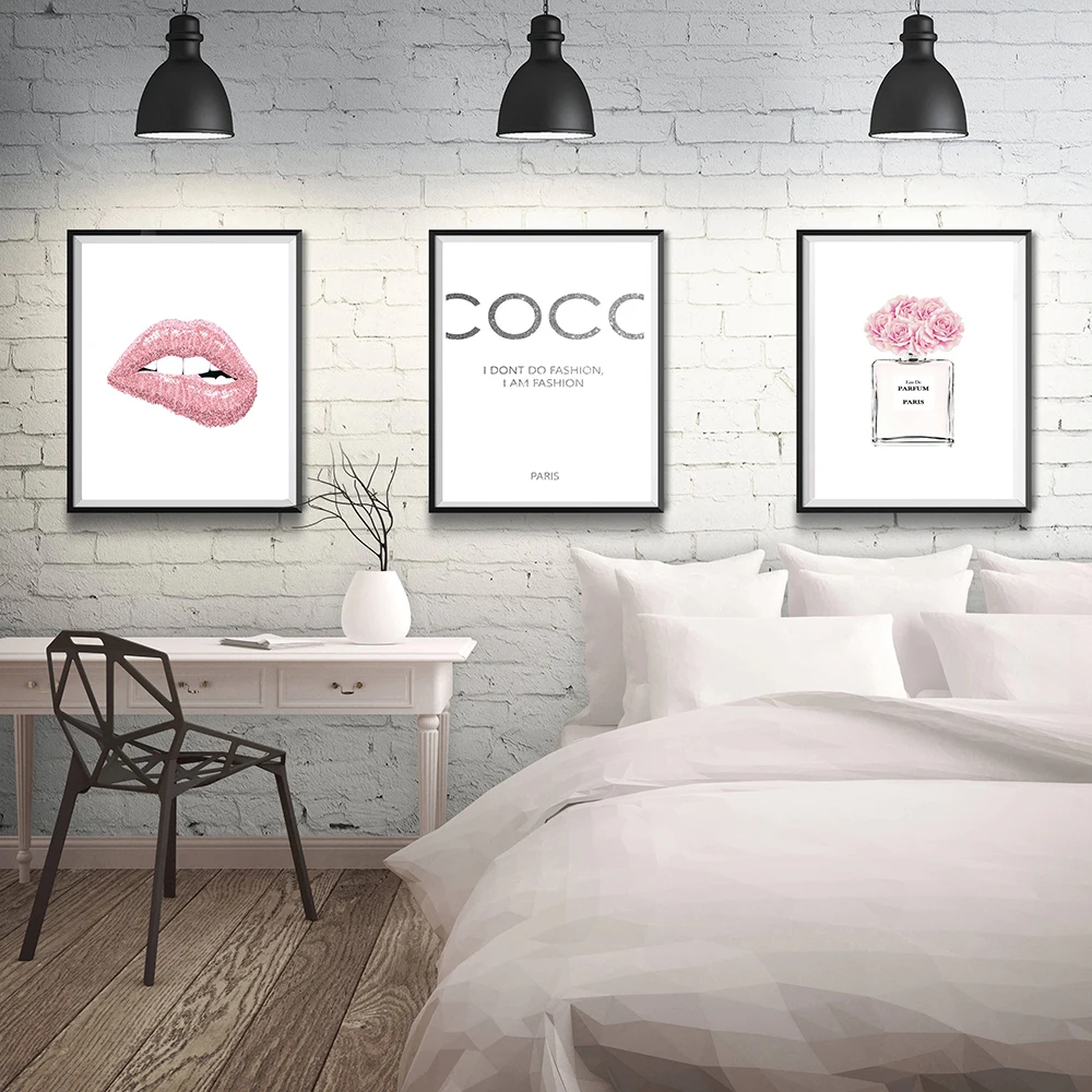 Fashion Flower Perfume Pink Lips Poster And Print Coco Quotes Wall Art Canvas Painting Pictures For Living Room Home Decoration