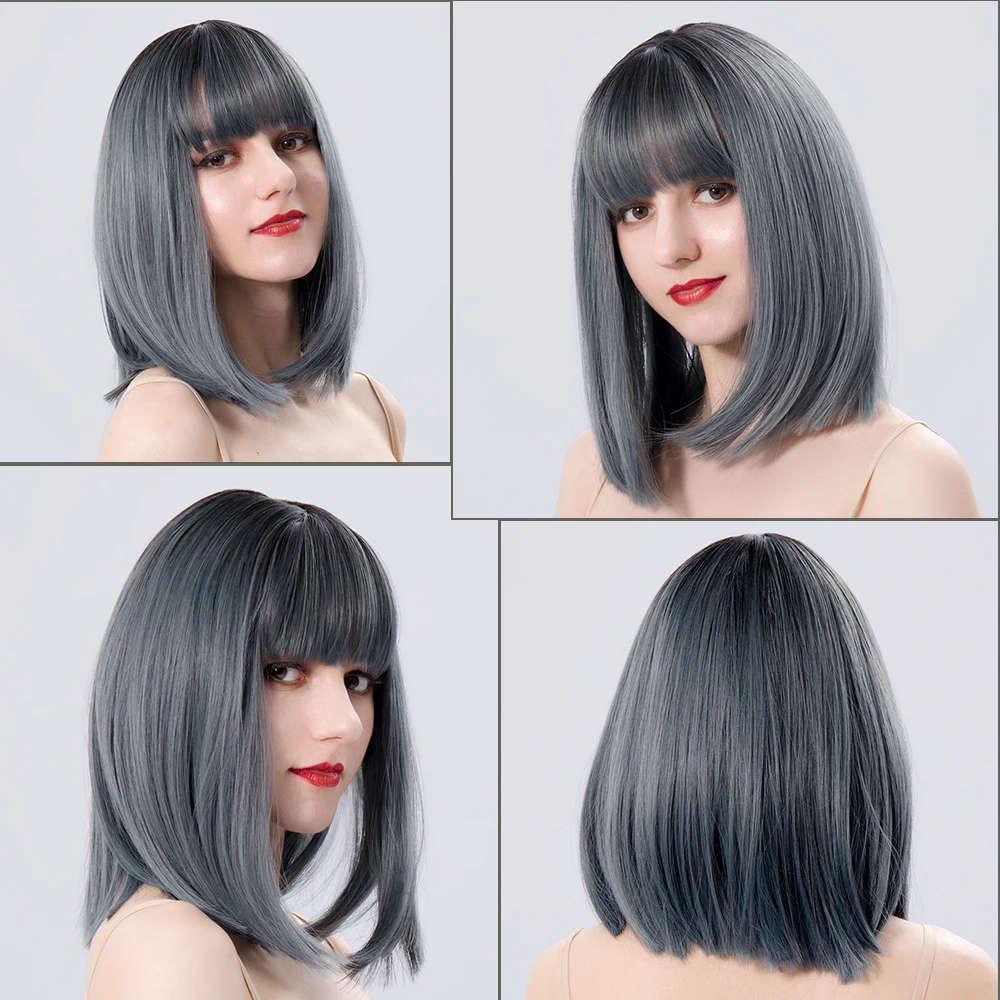 Gray Medium Straight Daily Hair Nutural Synthetic Wigs For Women With Bangs Heat Resistant Cosplay Wavy Female Colored Fiber Wig