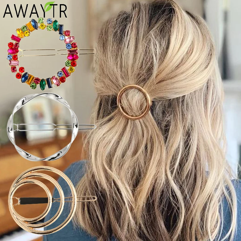 Grampos de cabelo para meninas barrette ouro prata metal círculo geometria grampos de cabelo coreano cristal pêra titular acessórios para o cabelo