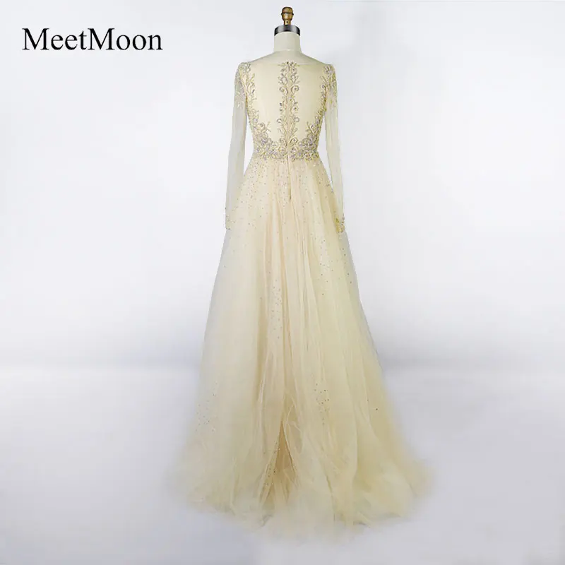 MeetMoon Long Sleeve Dress evening A-line V-neckline Rhinestone Beaded Formal Reception Birthday Party Gown ME009