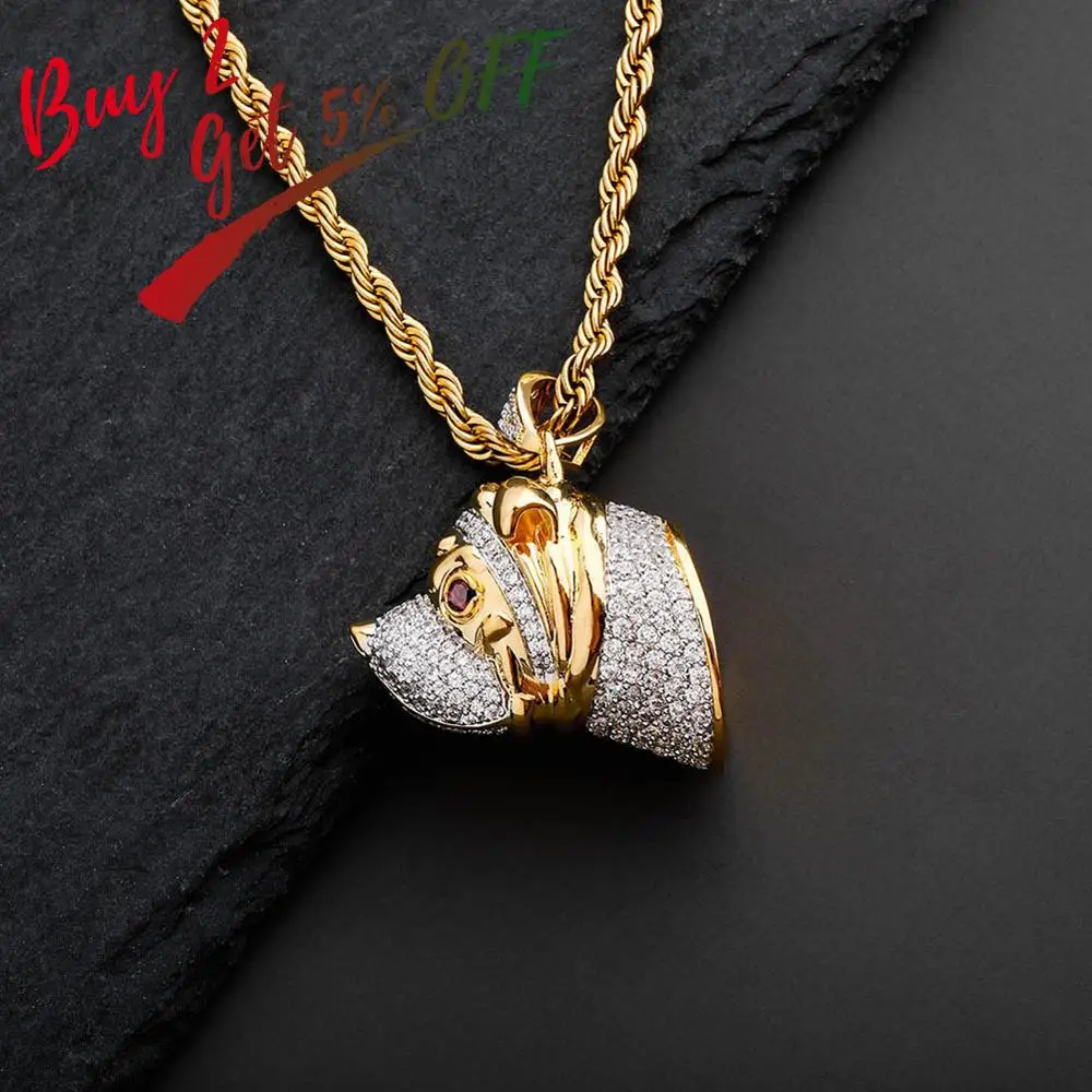 TOPGRILLZ Hip Hop Dog Head Necklace Pendant Charm For Men Women Gold Silver Color Cubic Zircon Jewelry Gifts