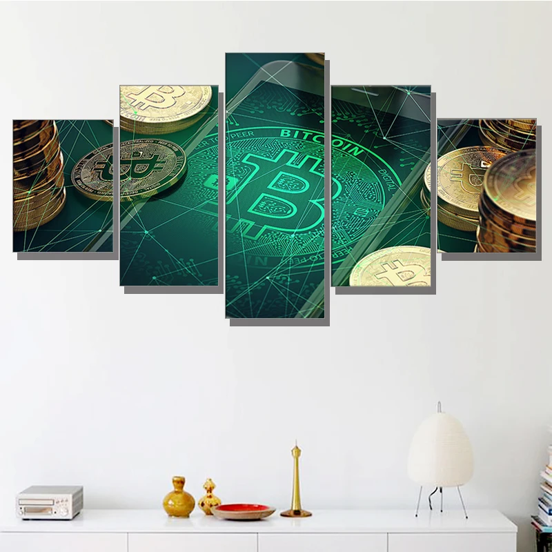 Modern 5pcs Blockchain Technology Bitcoin Unframed Painting Wall Art Poster HD Wall Picture For Living Room Decor