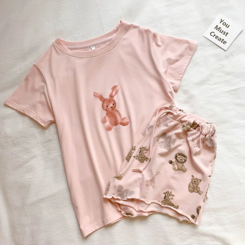 Frauen Pyjamas Japanischen Zimmer Verschleiß Cartoon Druck Anzüge mit Shorts Kawaii Kleidung Sommer 2 Stück Set Nachtwäsche Loungewear