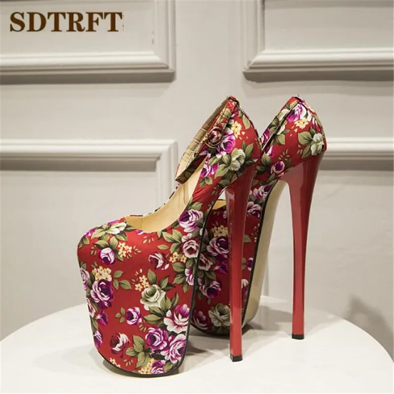 SDTRFT Crossdresser Platforms Stilettos 22cm Thin Heels Sexy Round Toe Ladies Party Buckle SM Pumps Shallow Mouth Women's Shoes