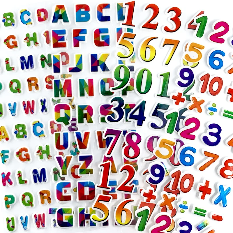 12 Sheets/Pack Digit Alphabet Sticker Kids Cartoon Lovely Number Letter Cognition Stickers Label for Boys Girls Learning Toys